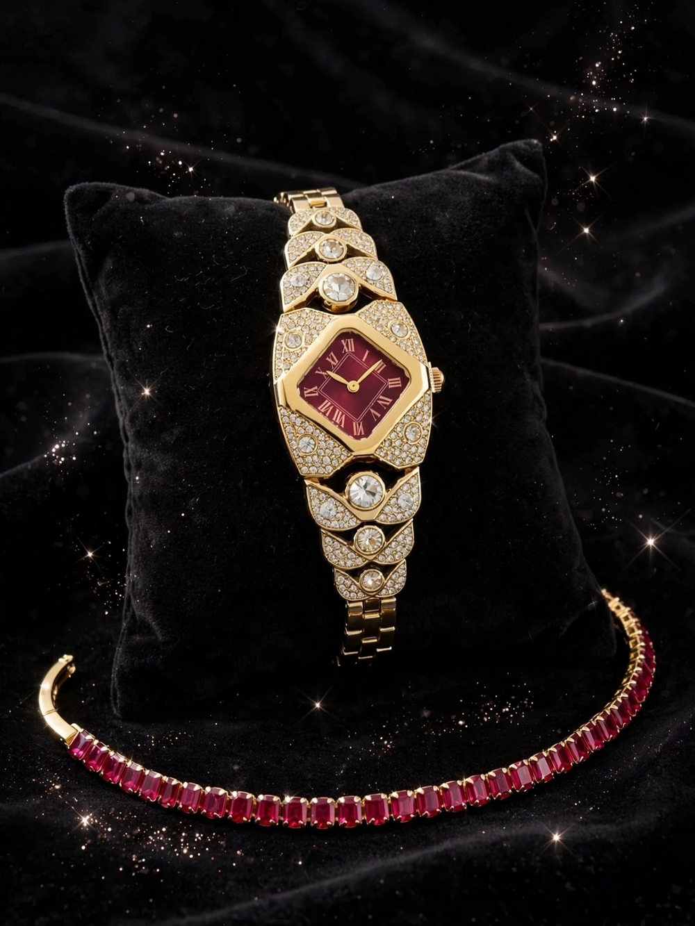 Gold-Tone Women's Bracelet Watch with Burgundy Dial and Crystal Accents